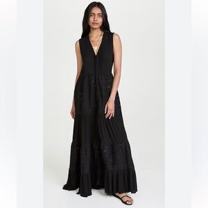Playa Lucila Black Sheer Sleeveless Eyelet Tiered Maxi Dress NWT Small
